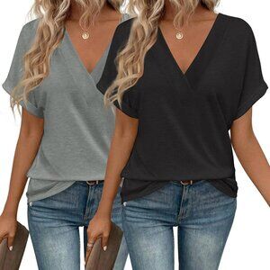 2PCS T Shirts Short Sleeve V Neck Tees Womens Fashion Tops Trendy Soft 2025 Casu
